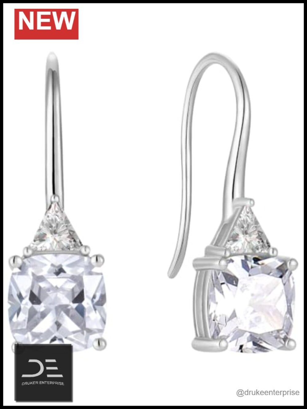 925 Sterling Silver Dangle Earrings Square Cubic Zirconia Women Jewelry Hook